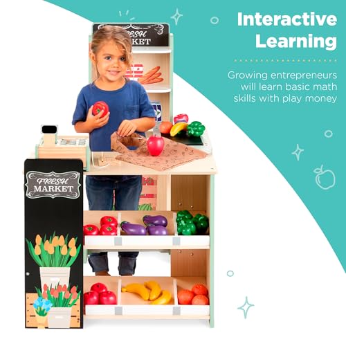 Red Wooden Supermarket Toy Set with Play Food, Cash Register, Conveyor J234611