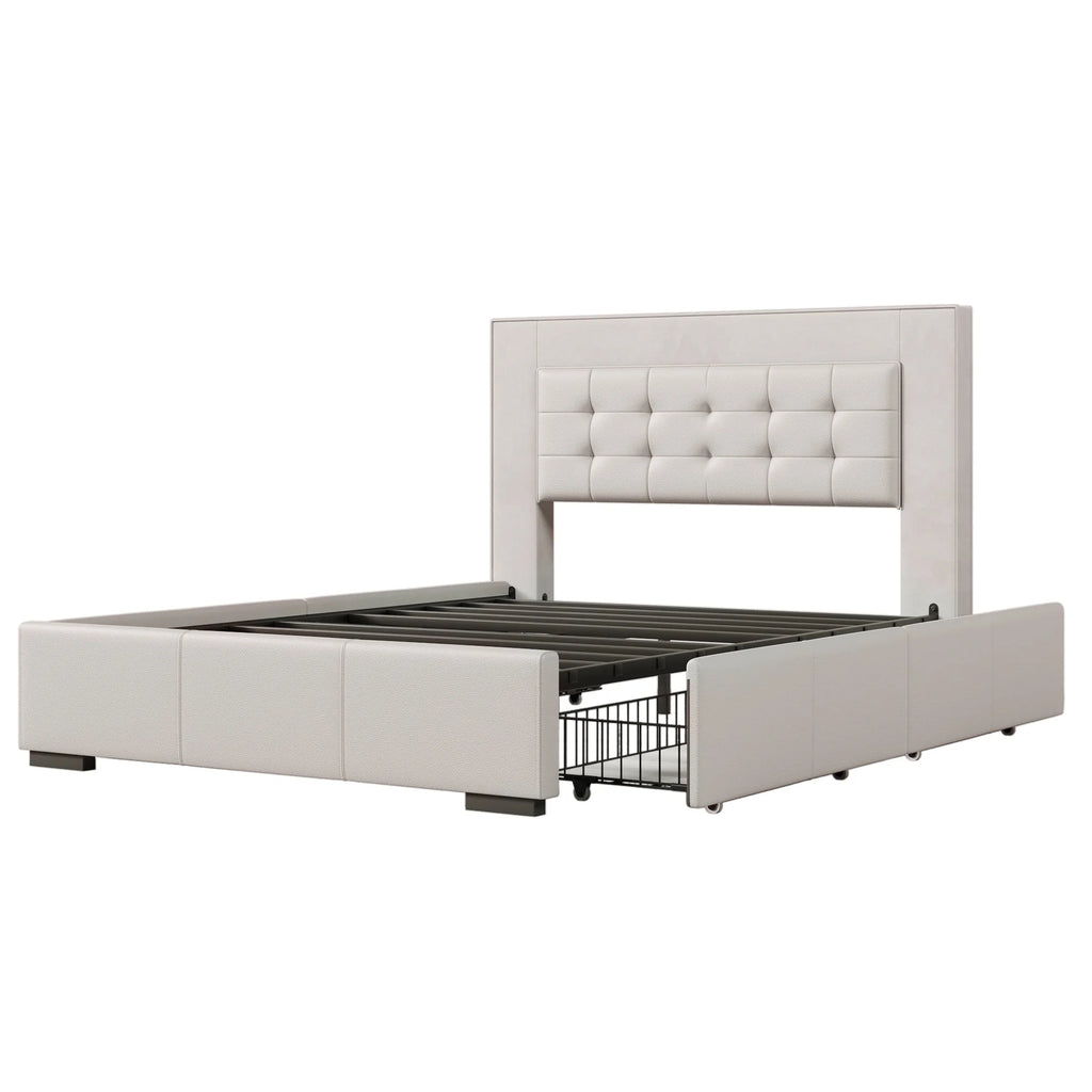 Queen Platform Bed Frame with Four Drawers Beige U990304