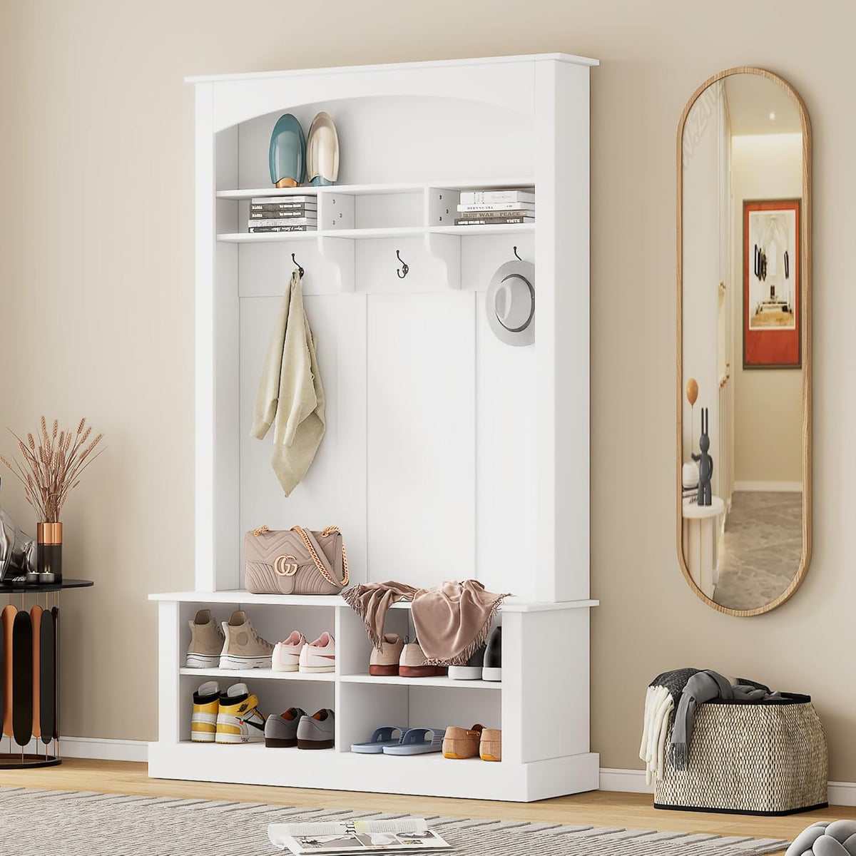 White 47.2'' Wide Hall Tree Bench with Hooks J328198