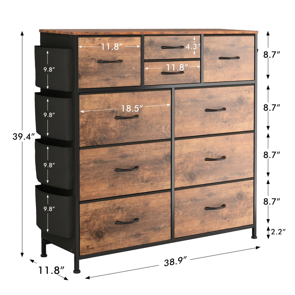 Brown 10 Drawer Fabric Dresser with Side Pockets and Hooks R660