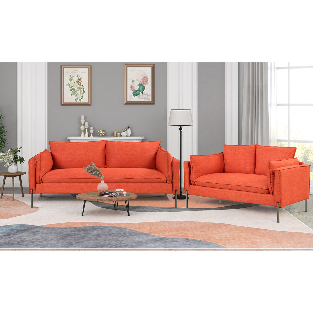Orange Linen Loveseat and 3 Seat Couch Set G968758
