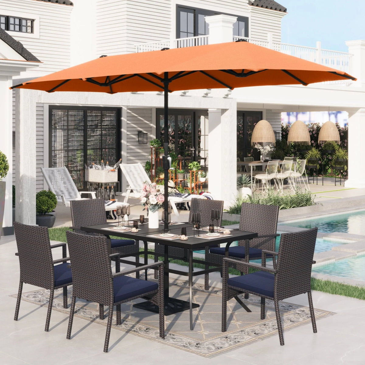 8 Pieces Outdoor Patio Dining Set with Navy Umbrella N49666