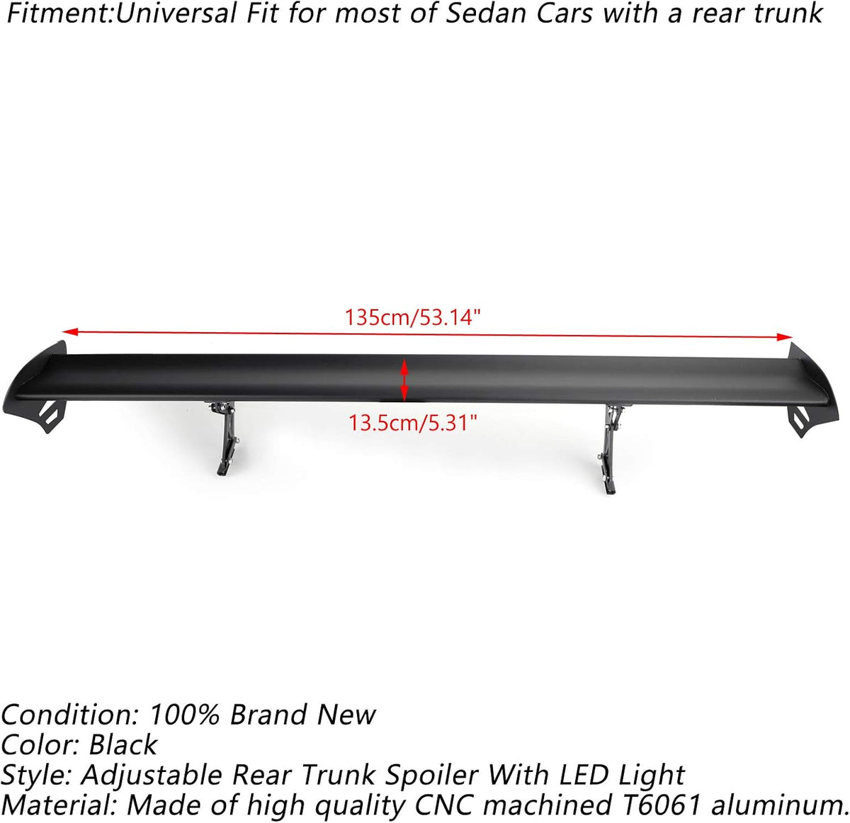 Adjustable Aluminum Rear Trunk Wing Spoiler With LED A7346