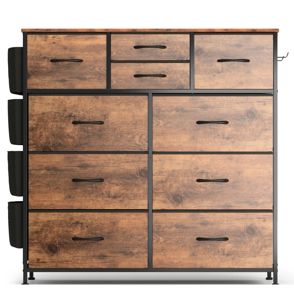 Brown 10 Drawer Fabric Dresser with Side Pockets and Hooks R660