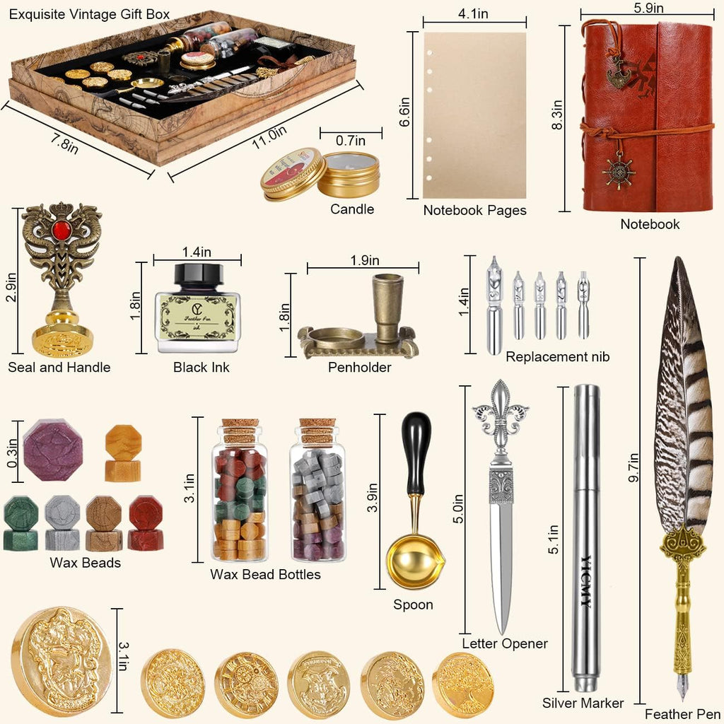 Pheasant Quill Pen and Ink Set Wax Seal Stamp Kit with Leather Journal Notebook Feather Dip Pen, Calligraphy Pen Set, 7 Wax Stamp Heads, Pack of 2 T759626