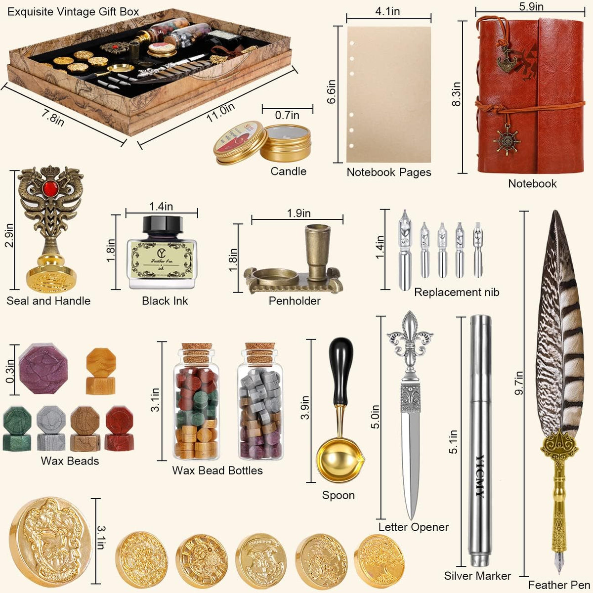 Pheasant Quill Pen and Ink Set Wax Seal Stamp Kit with Leather Journal Notebook Feather Dip Pen, Calligraphy Pen Set, 7 Wax Stamp Heads, Pack of 2 T759626