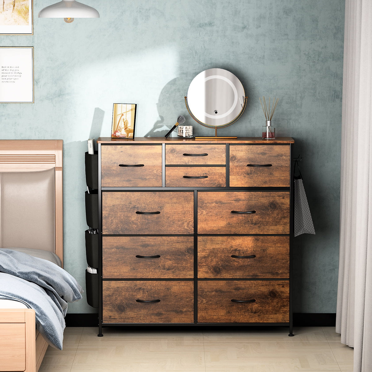 Brown 10 Drawer Fabric Dresser with Side Pockets and Hooks R660