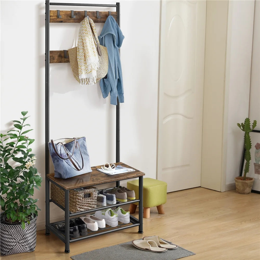 Rustic Brown Wooden Entryway Coat Rack with Shoe Storage Bench H20236
