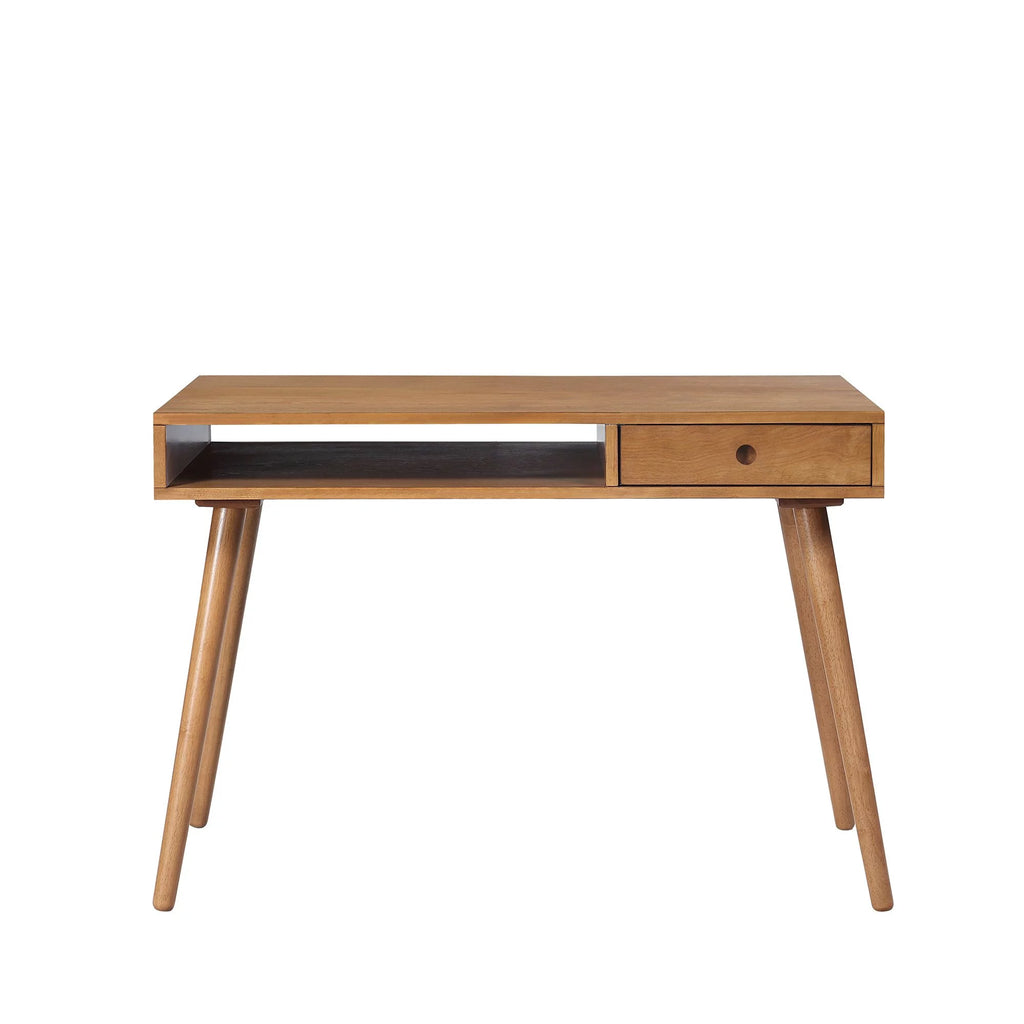 Modern Home Office Desk in Walnut Wood with Open Storage Cubby and Small Drawer Q692710