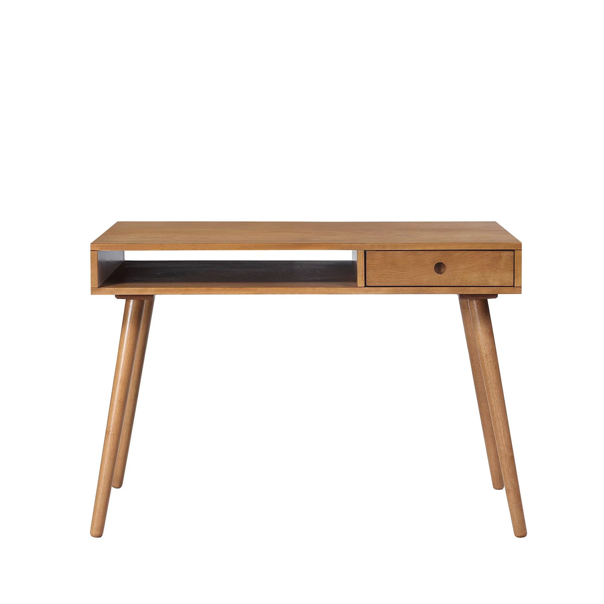 Modern Home Office Desk in Walnut Wood with Open Storage Cubby and Small Drawer Q692710