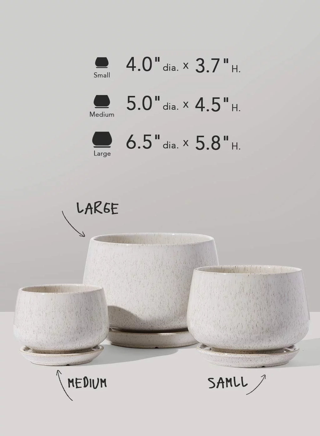 4.1+5.1+6.5 Inch Ceramic Plant Pots with Drainage Hole and Saucer, Set of 3, Beige U178