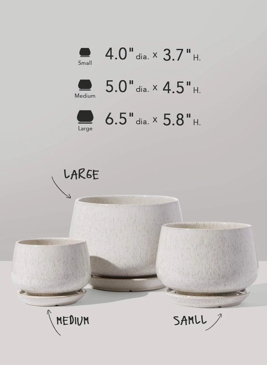 4.1+5.1+6.5 Inch Ceramic Plant Pots with Drainage Hole and Saucer, Set of 3, Beige U178