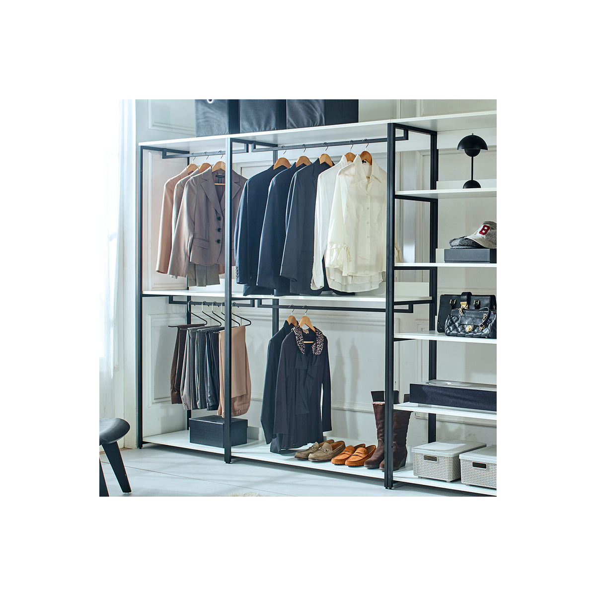 White Freestanding Wood Closet System with Metal Frame I14575