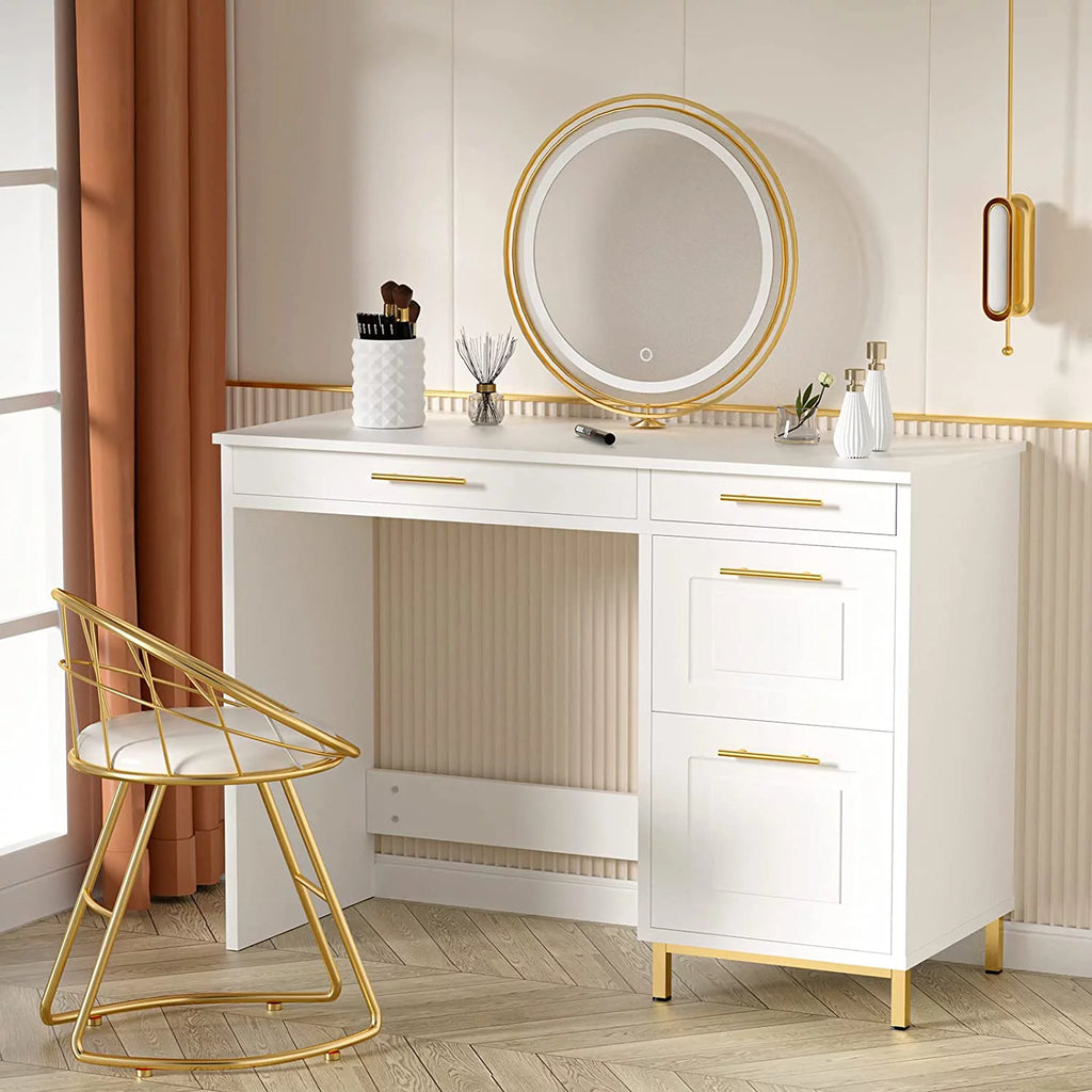 White and Gold Computer Desk with 4 Drawers E97203