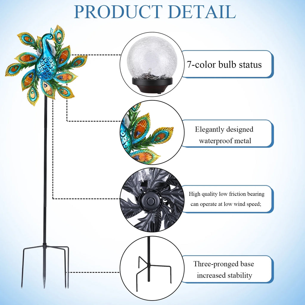 Solar Wind Spinner Outdoor Metal Kinetic Wind Spinner with LED Lighting Glass Ball Peacock Wind Spinner with Stake P203