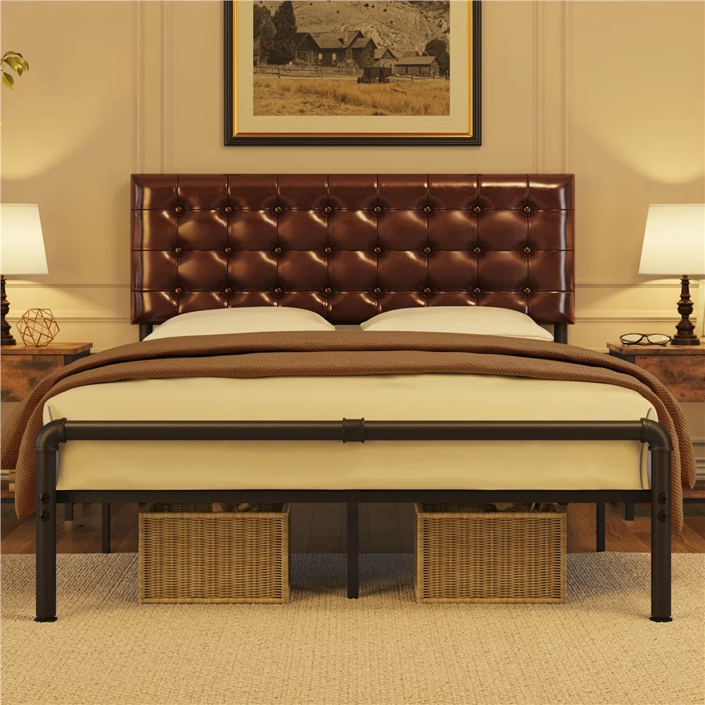 Metal Platform Bed Frame with Upholstered Headboard, Queen, Brown Y289