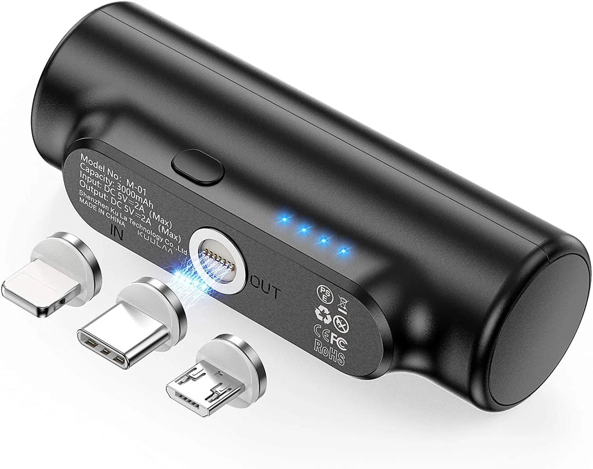 3 in 1 Magnetic 3000mAh Mini External Battery Pack Portable Charger with 3 Plugs (Black) E6297