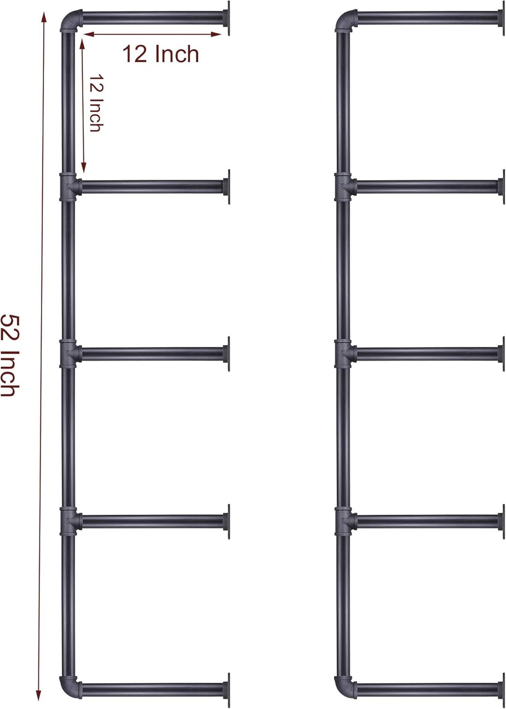 5 Tier Wall Mount Iron Pipe Shelf, 2 Pack 52 Inch Tall E364