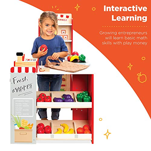 Red Wooden Supermarket Toy Set with Play Food, Cash Register, Conveyor J234611
