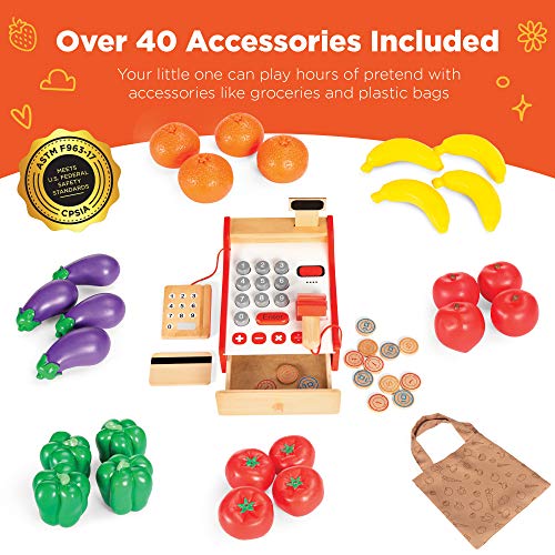 Red Wooden Supermarket Toy Set with Play Food, Cash Register, Conveyor J234611
