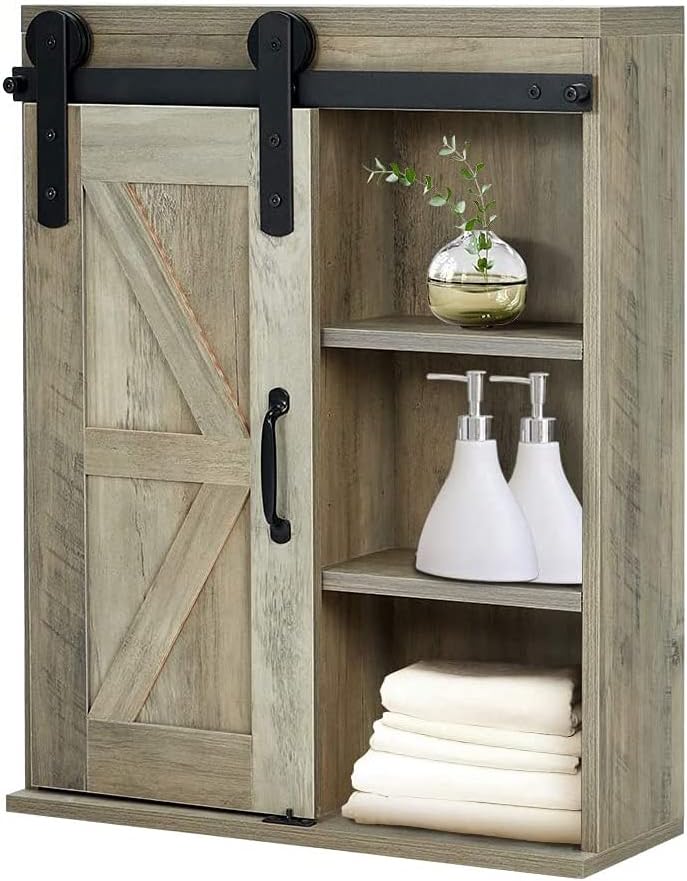 Grey Wood 3-Tier Wall Storage Cabinet with Sliding Barn Door V60949