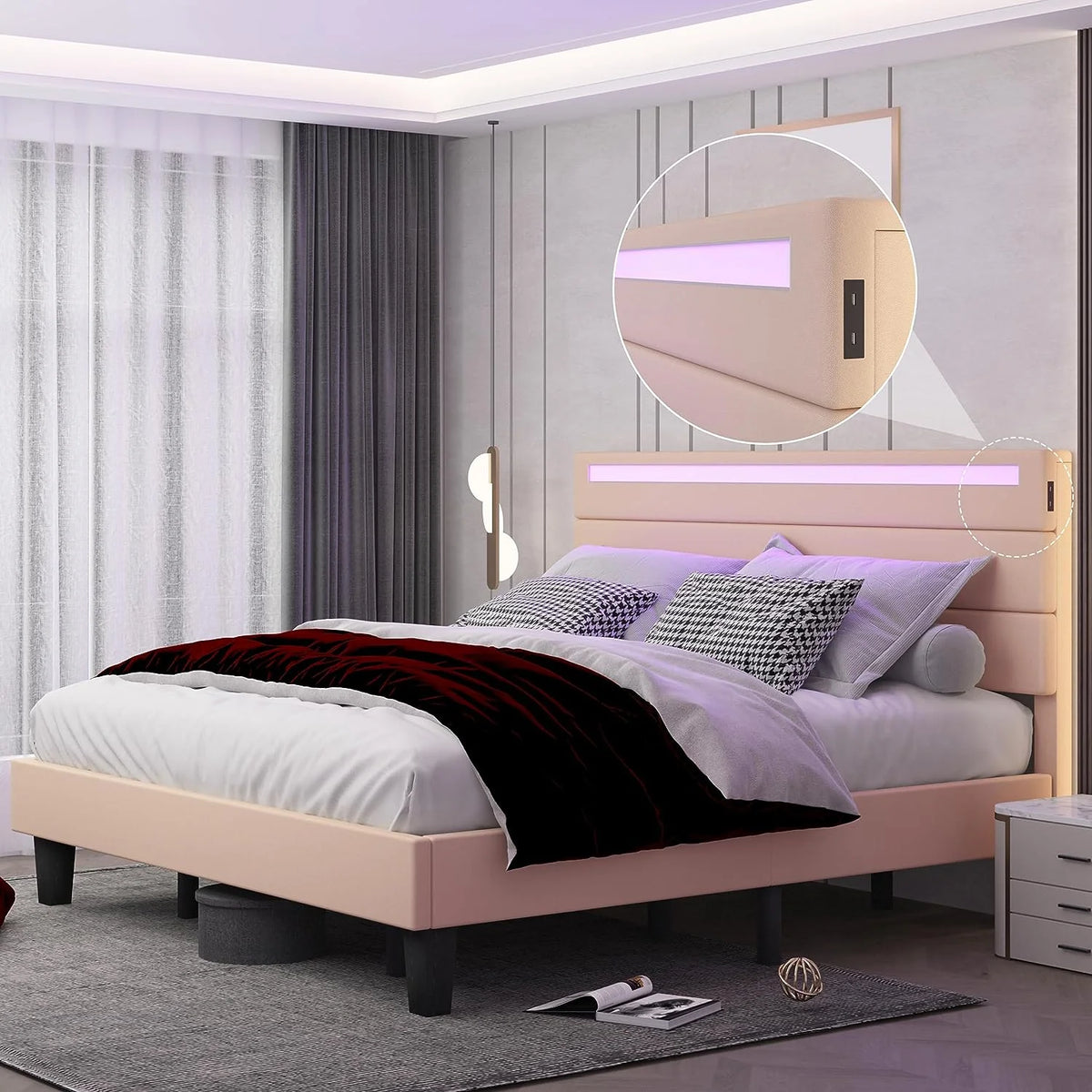 Queen Size Beige Upholstered Platform Bed Frame with Headboard A961314