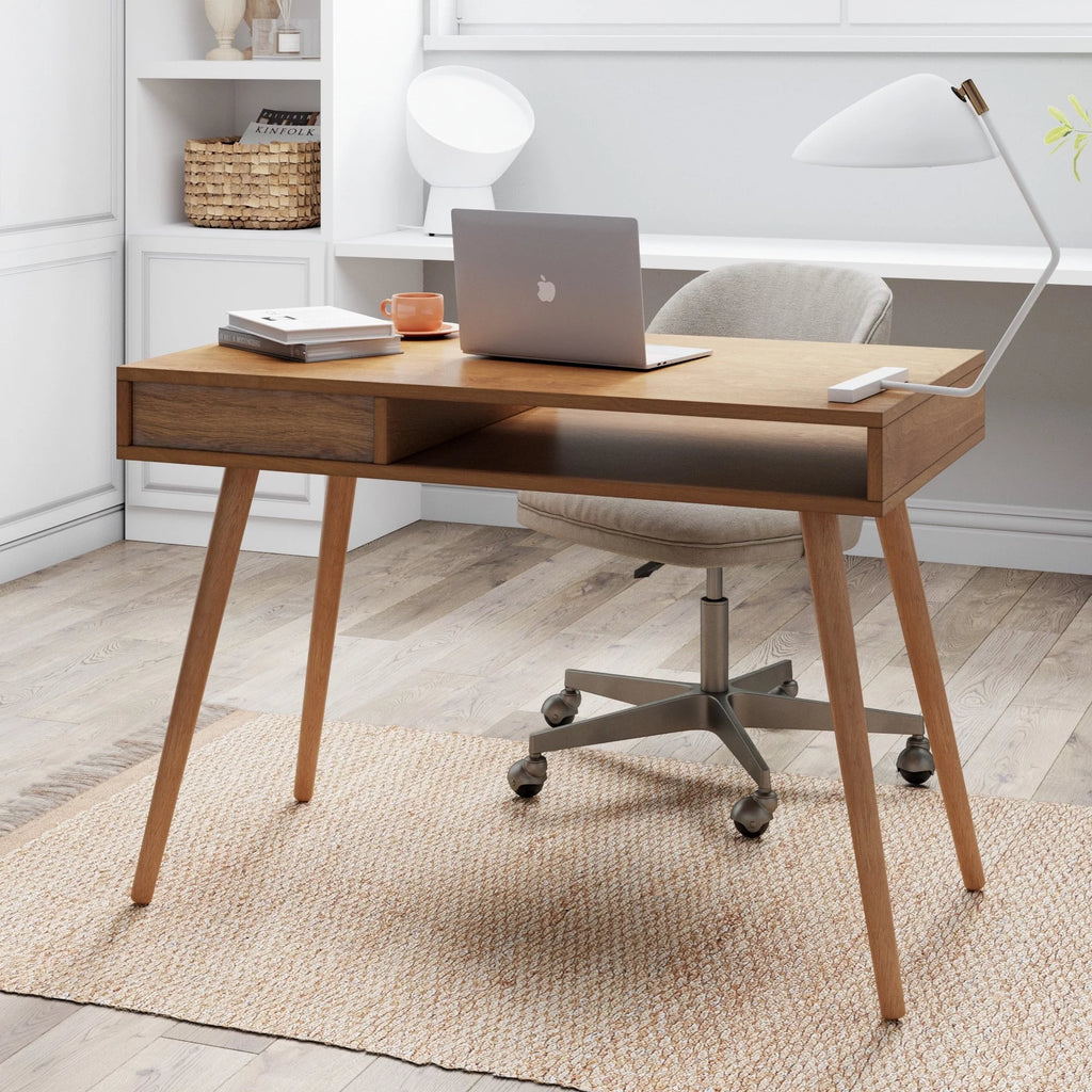 Modern Home Office Desk in Walnut Wood with Open Storage Cubby and Small Drawer Q692710