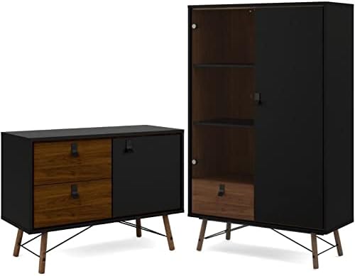 2 Piece Furniture Set with Sideboard and China Cabinet in Black Matte and Walnut L2219