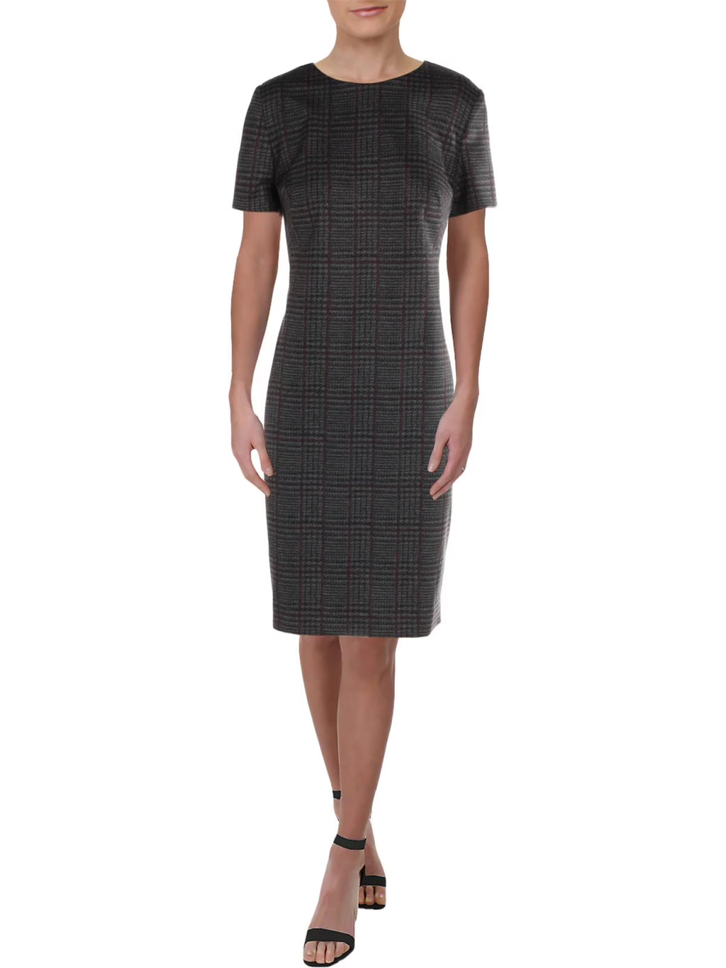 Gray Plaid Short Sleeve Sheath Dress X185628