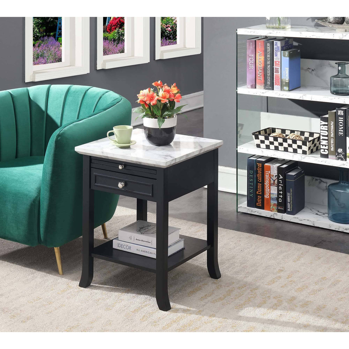 White Faux Marble End Table with Drawer K2899