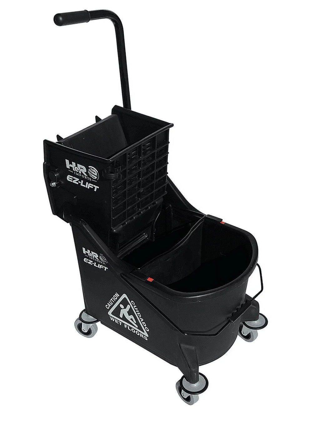 Commercial-Grade Mop Bucket with Separator & Dirty Water Pail, Metal Casters, Side-Press Wringer, Black K46963