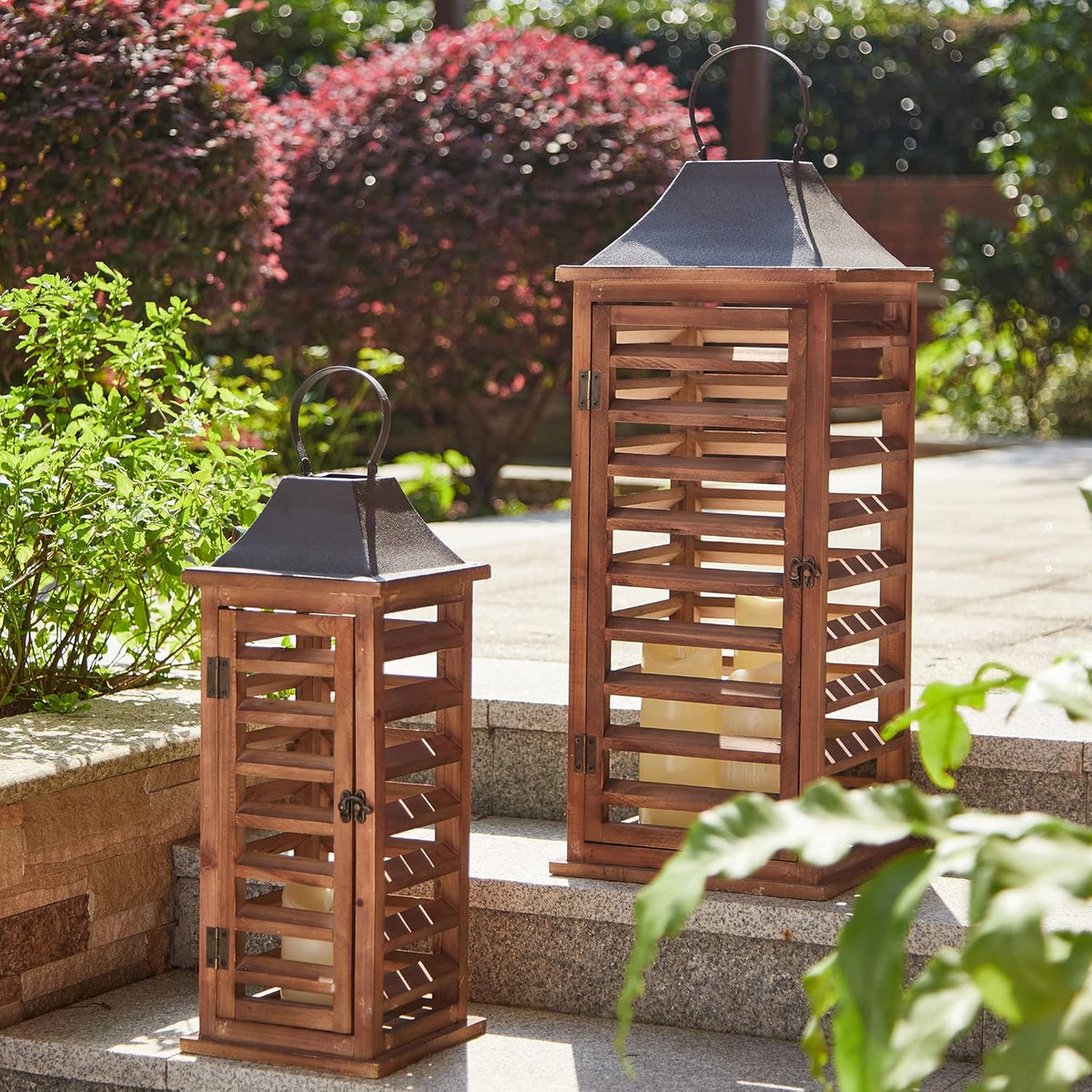 Set of 2 Natural Wood Metal Candle Lanterns Z79595