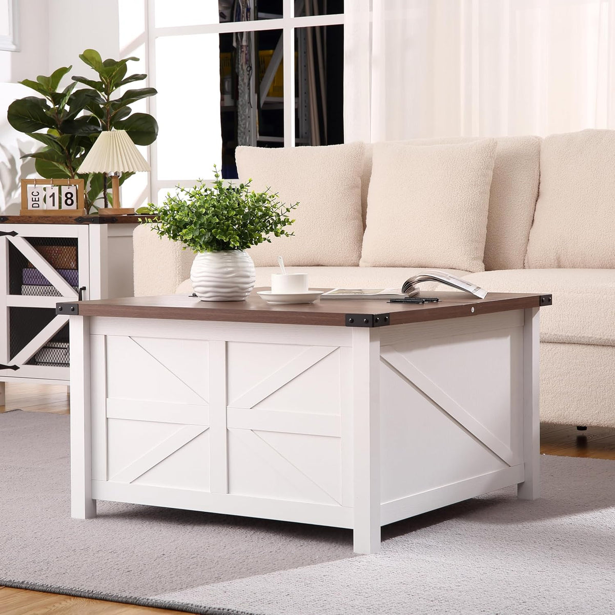 Farmhouse Square Coffee Table with Large Hidden Storage Compartment A610