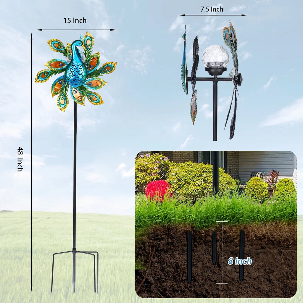 Solar Wind Spinner Outdoor Metal Kinetic Wind Spinner with LED Lighting Glass Ball Peacock Wind Spinner with Stake P203