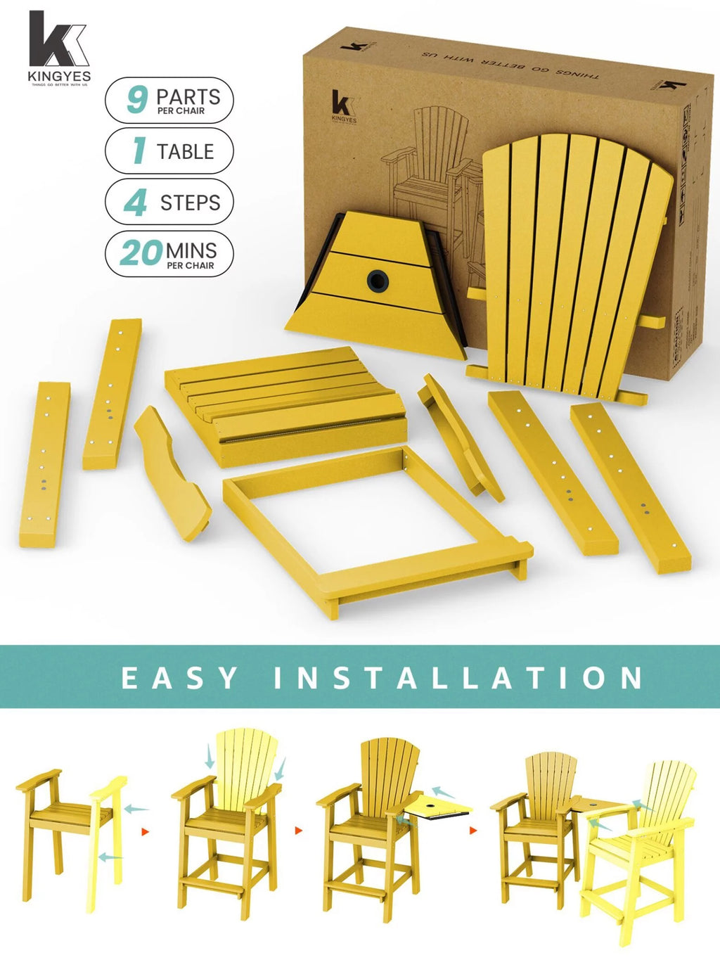 Tall Adirondack Chair Set with 2 Outdoor Barstools and Connecting Tray V484499