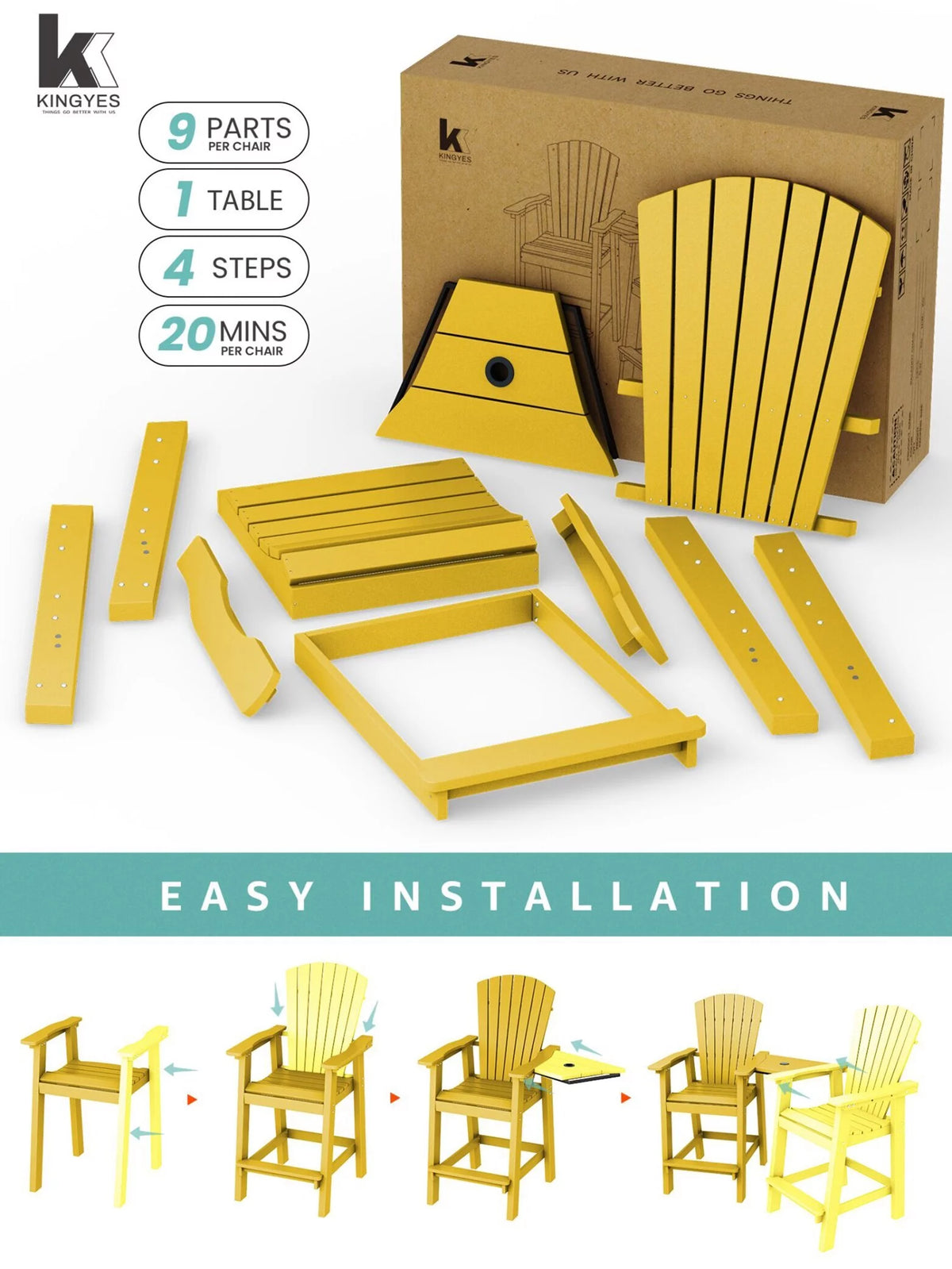 Tall Adirondack Chair Set with 2 Outdoor Barstools and Connecting Tray V484499