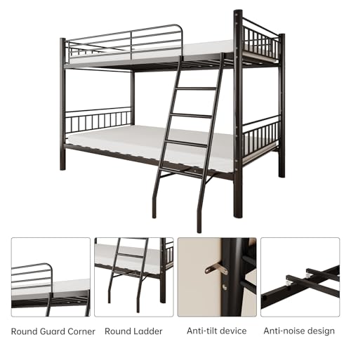 Black Metal Twin Over Twin Bunk Bed with Ladder and Guardrail E156289