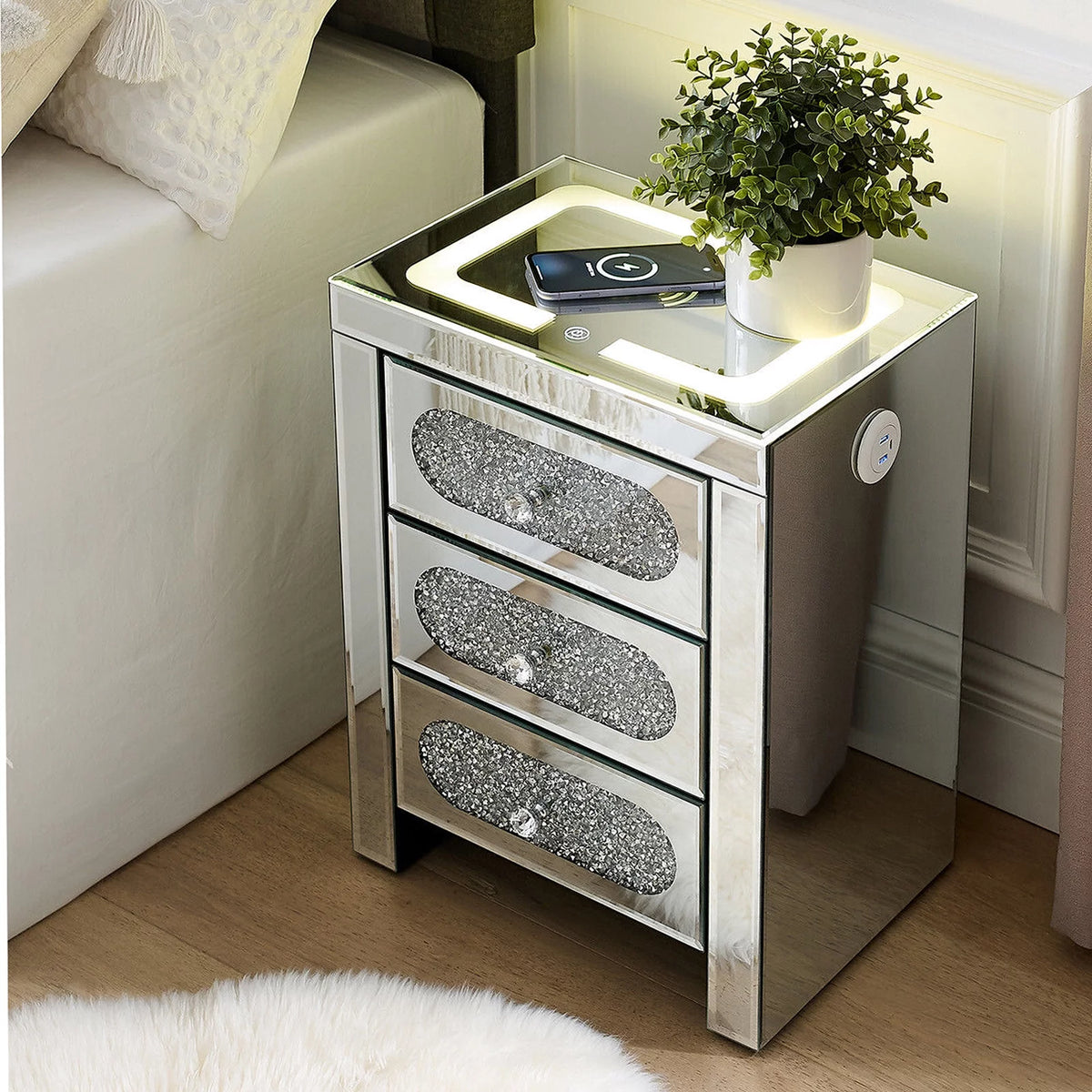 3 Drawer Mirrored Nightstand with Wireless Charging Station I3414