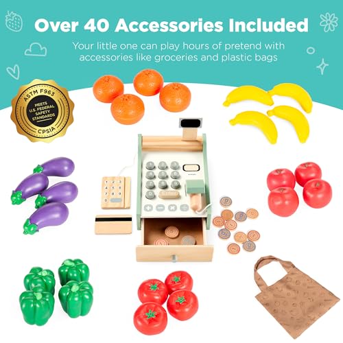 Red Wooden Supermarket Toy Set with Play Food, Cash Register, Conveyor J234611
