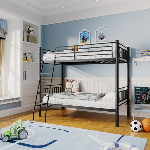 Black Metal Twin Over Twin Bunk Bed with Ladder and Guardrail E156289