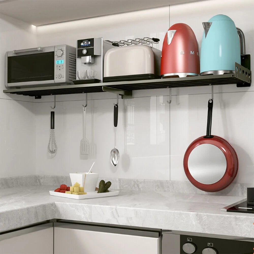 Microwave Oven Wall Mount Shelf Storage Rack with 4 Hooks B9538
