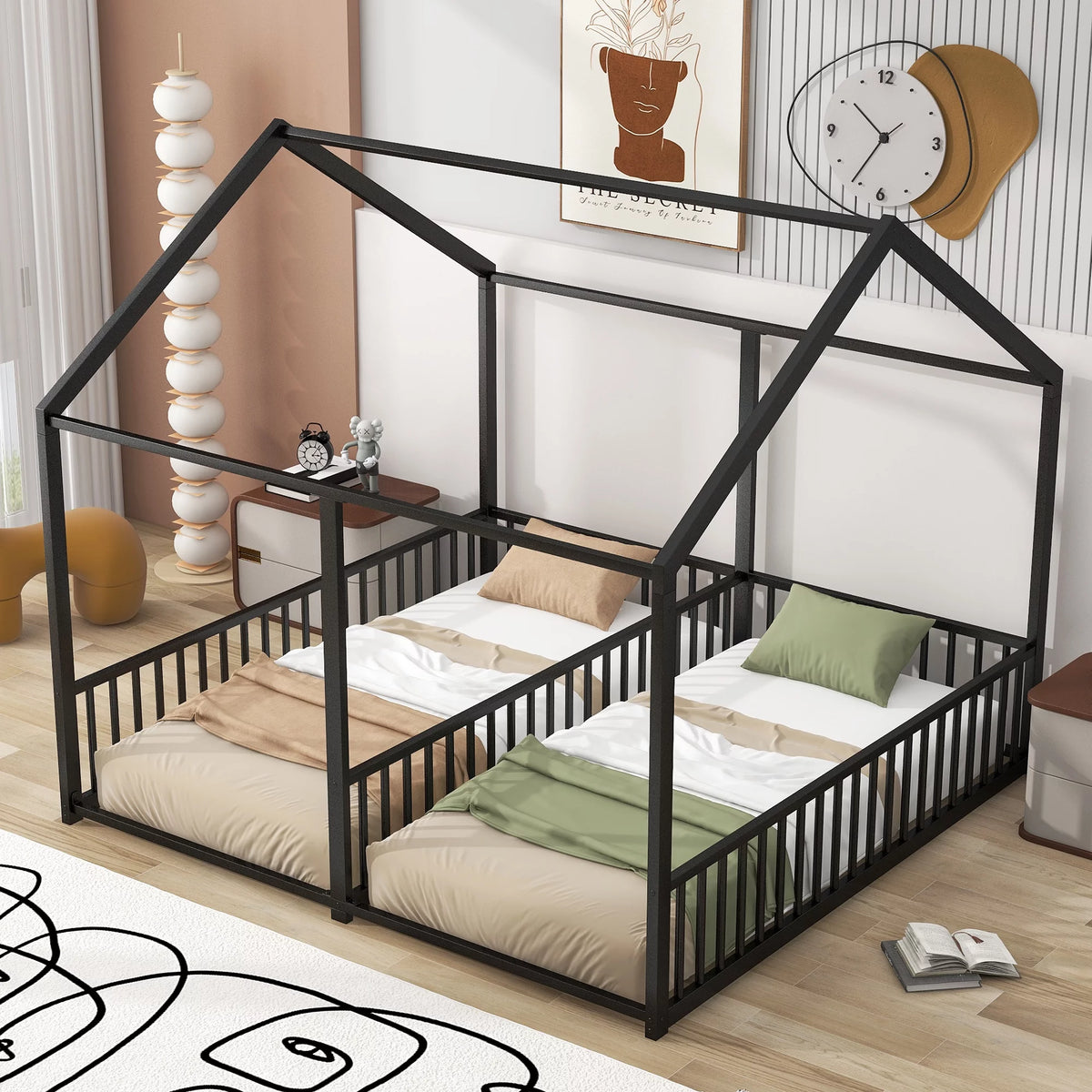 Black Twin Size Metal House Platform Beds Z709