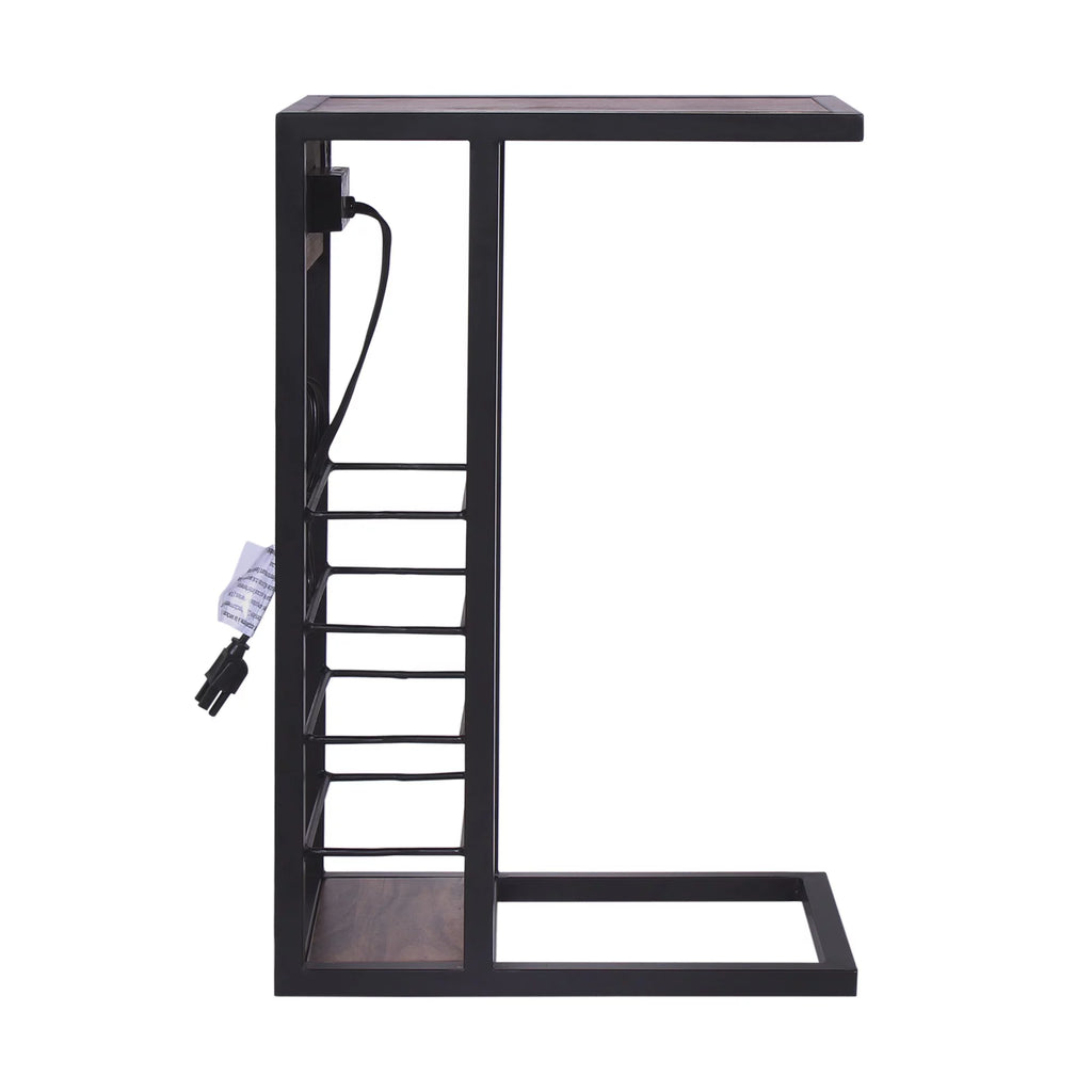 Dark Brown Wood & Metal Side Table with USB & Storage Rack F37283