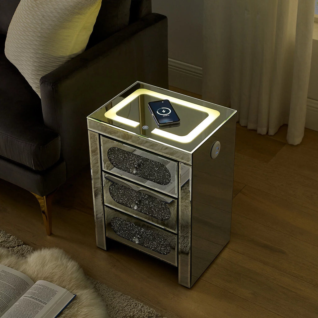 3 Drawer Mirrored Nightstand with Wireless Charging Station I3414
