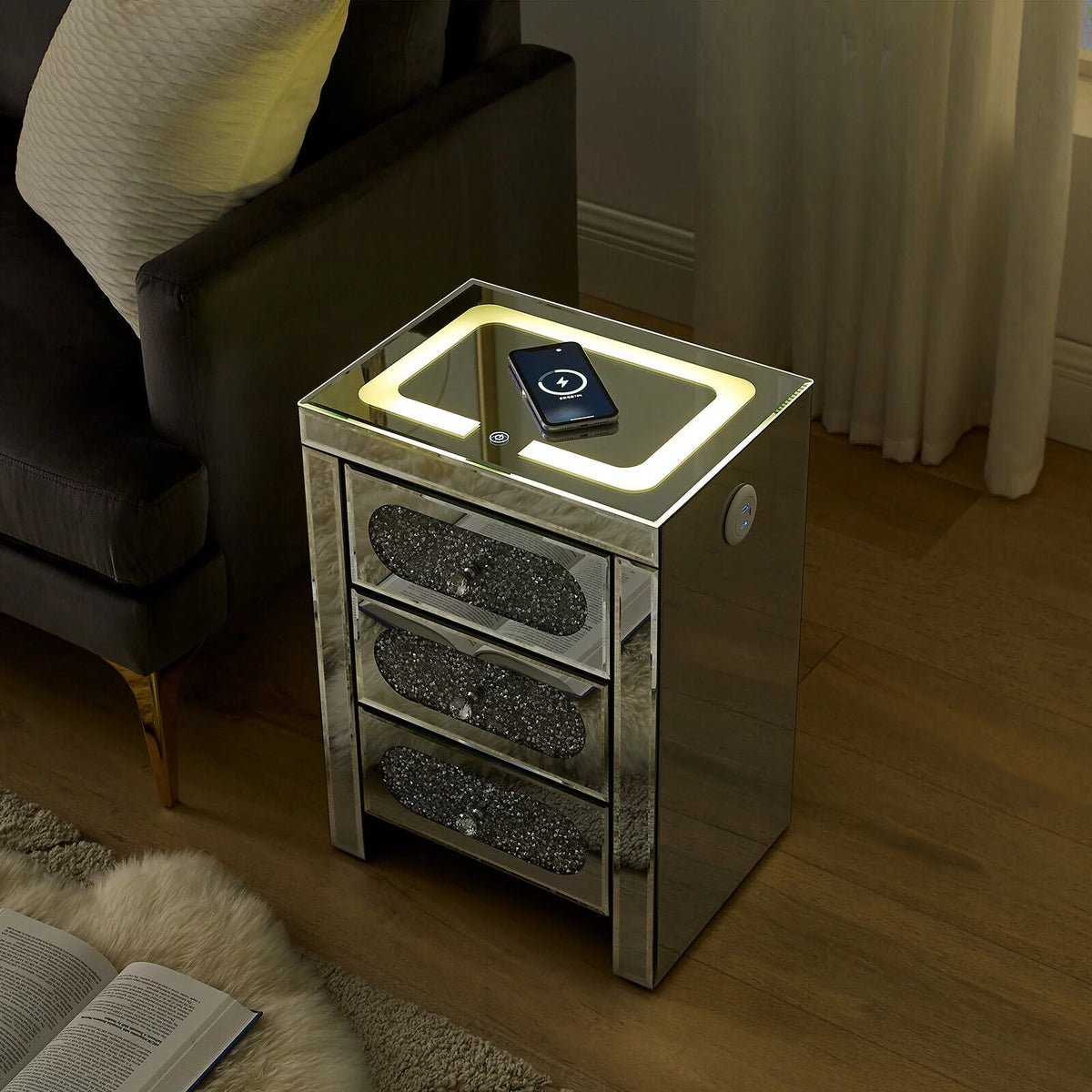 3 Drawer Mirrored Nightstand with Wireless Charging Station I3414