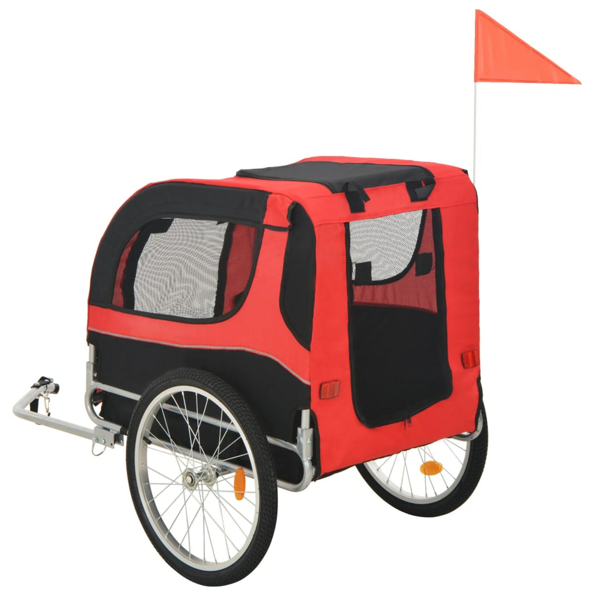 Red Black Folding Dog Bike Trailer with Mesh Windows and Safety Flag J33839