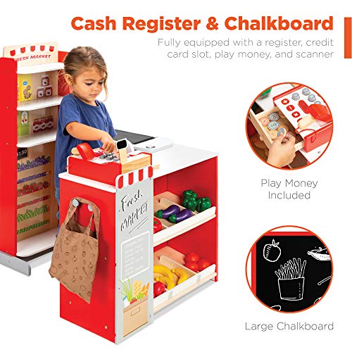 Red Wooden Supermarket Toy Set with Play Food, Cash Register, Conveyor J234611
