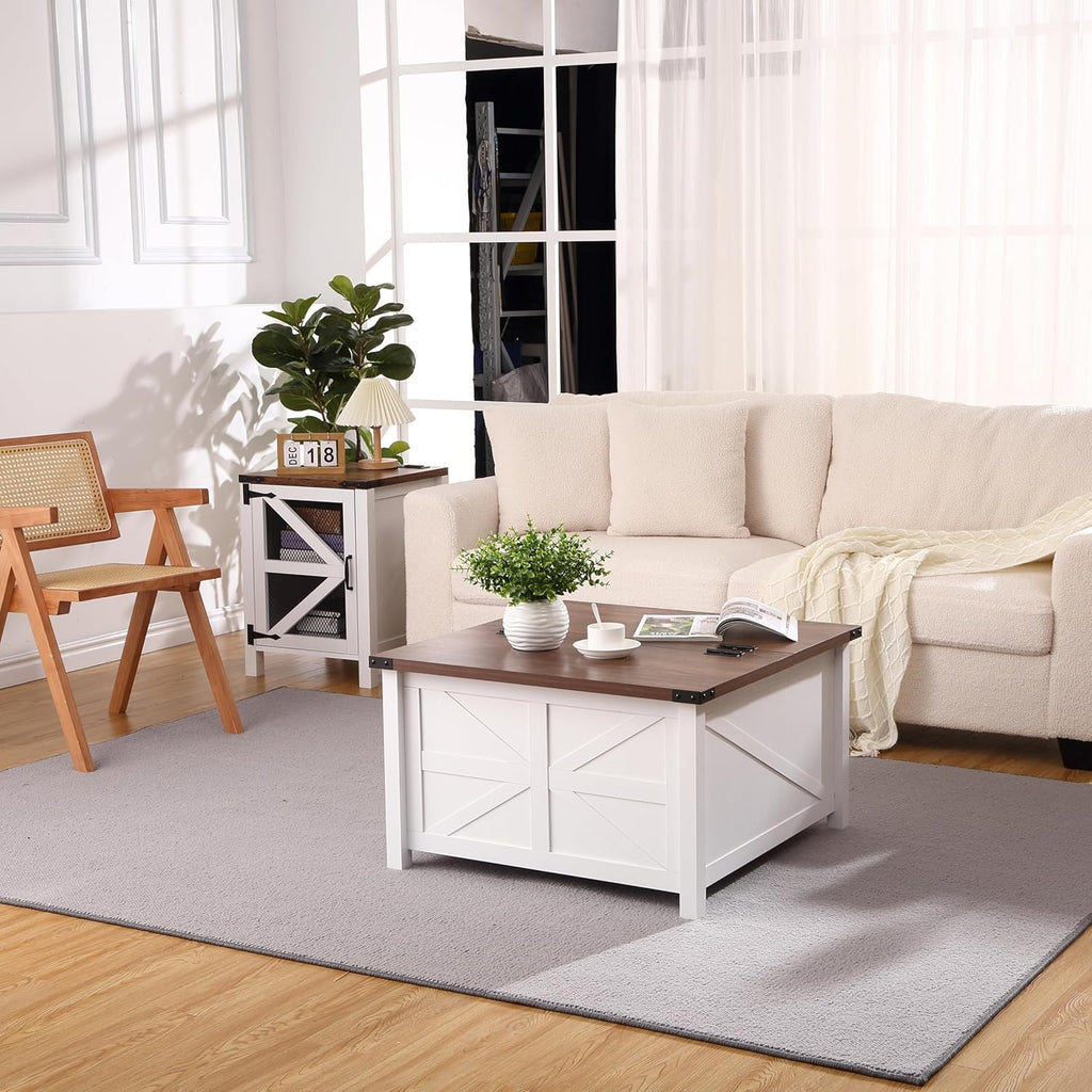 Farmhouse Square Coffee Table with Large Hidden Storage Compartment A610