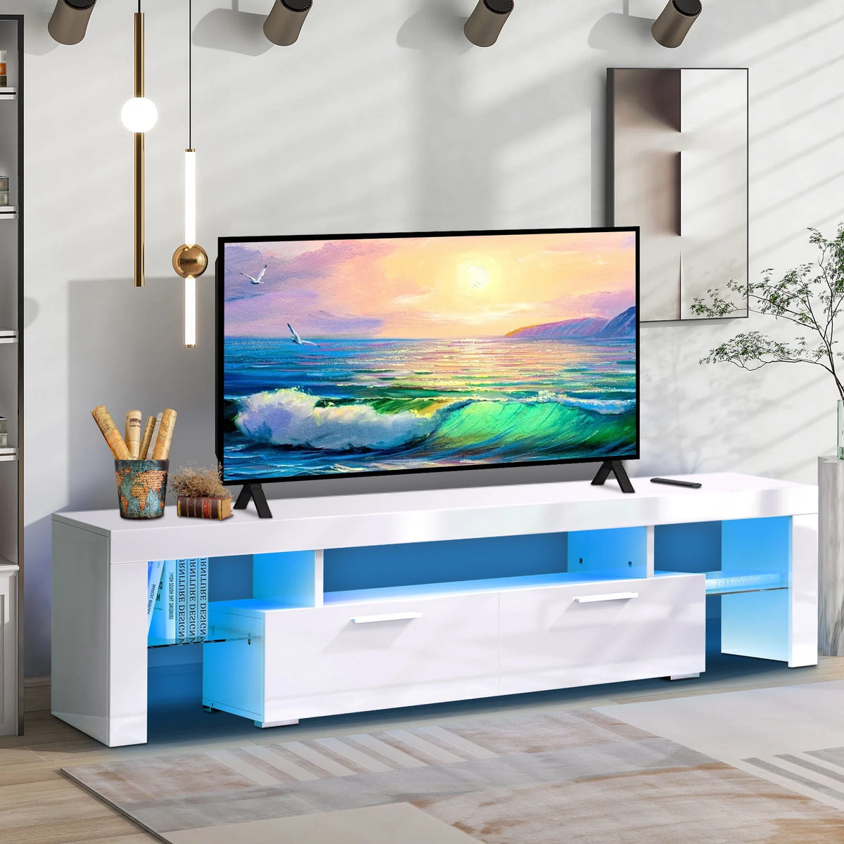 White High Gloss TV Stand with Storage Shelves X9335