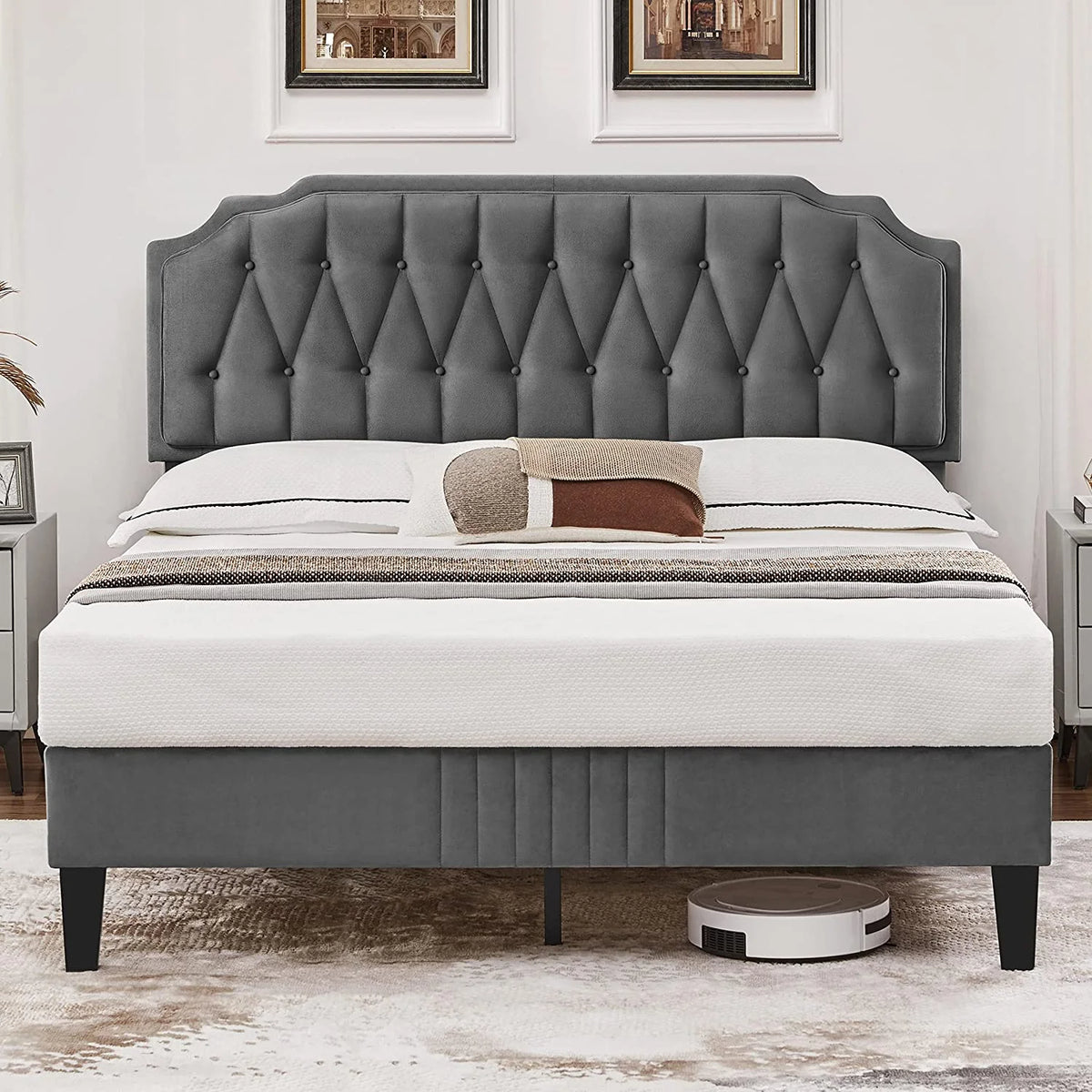 Queen Size Velvet Upholstered Platform Bed with Curved Headboard P924735